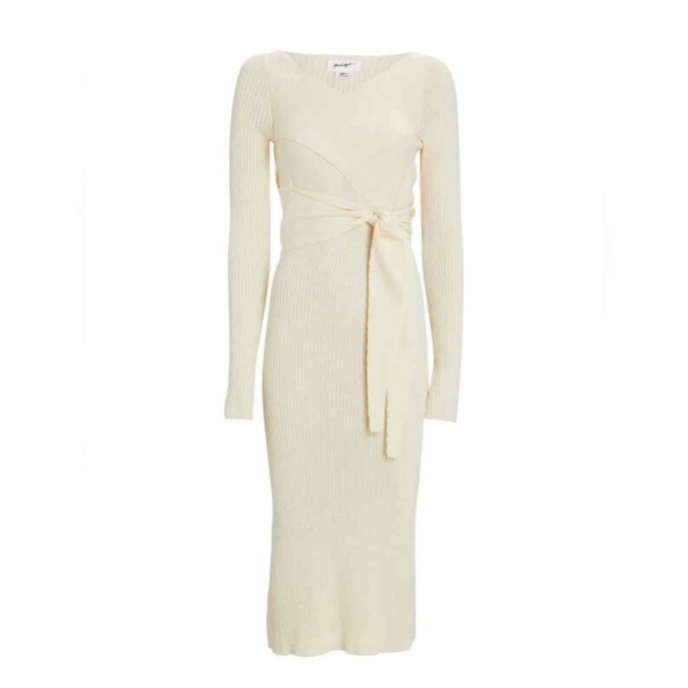 The Line by K Kane Knit Midi Dress Cream M Cutout Back Tied Waist Wrap V Neck